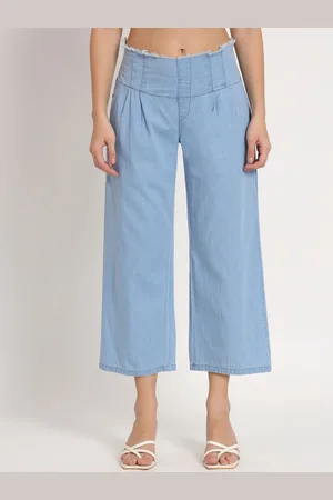 AngelFab Women Straight Fit High Rise Pleated Denim Culottes Trousers