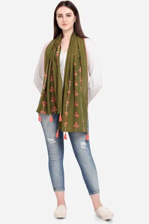 MESMORA FASHION Women Olive Green & Peach-Coloured Embroidered Cotton Stole