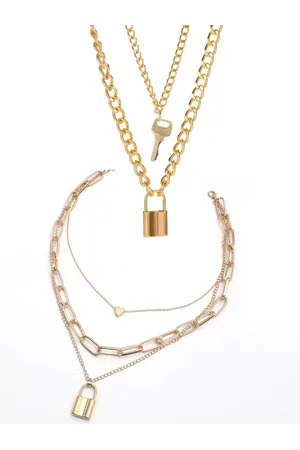 Pinapes Unisex Set of 2 Gold-Plated Layered Lock and Key Minimal Necklaces