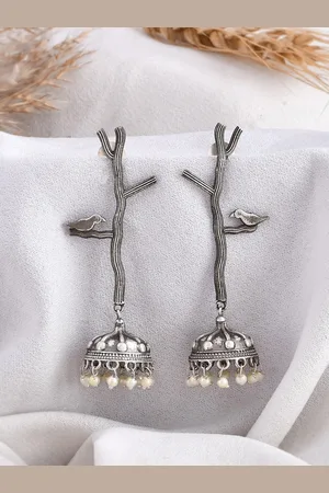 Dastoor Silver-Plated Beaded Silver Diamond Shaped Oxidised Jhumkas