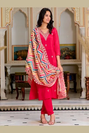 Kalini Floral Embroidered Thread Work V-Neck Straight Kurta With Trousers & Dupatta