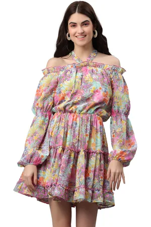 all about you Floral Print Off-Shoulder Puff Sleeve Chiffon A-Line Mini Dress