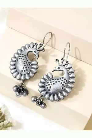 Sangria Silver Plated Oxidized Peacock Drop Earrings