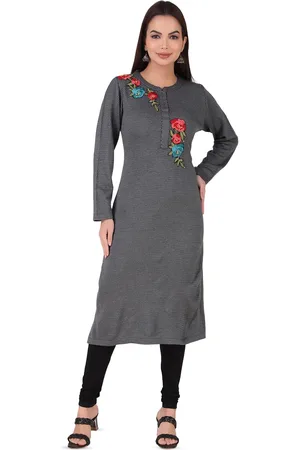 Elthia Floral Embroidered Chevron Mandarin Collar Woollen Straight Kurta