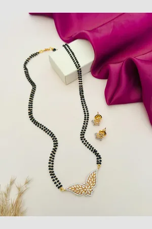 ABDESIGNS Gold-Plated American Diamond Studded & Beaded Mangalsutra With Earrings