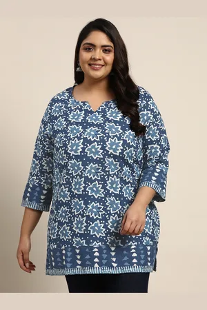 Sztori Women Plus Size Navy Blue & White Ethnic Motifs Printed Pure Cotton Kurti