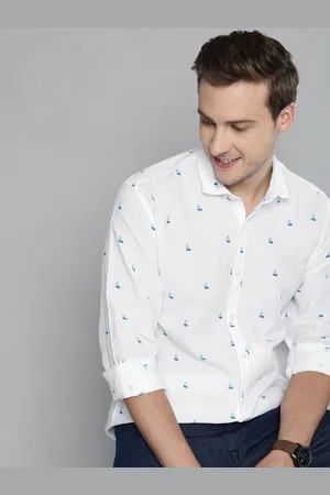 Mast & Harbour Men White & Blue Printed Pure Linen Casual Shirt