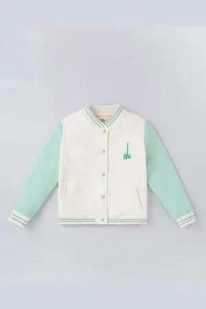 Ed-a-Mamma Girls White Green Colourblocked Varsity Jacket