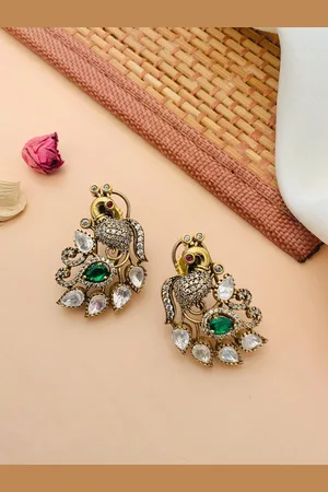 ABDESIGNS Gold-Plated Stone Studded Peacock Shaped Studs Earrings