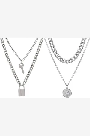 Pinapes Unisex Set of 2 Gold-Plated Layered Lock and Key Minimal Necklaces