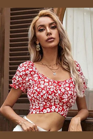 HERE&NOW Floral Print Puff Sleeve Blouson Crop Top