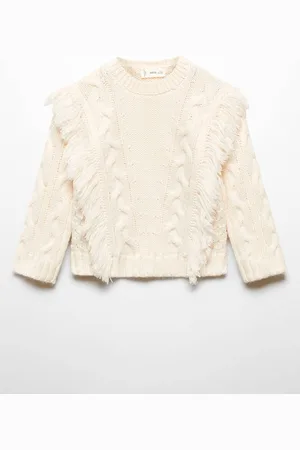 MANGO Girls Cable Knit Round-Neck Pullover with Fringed Detail