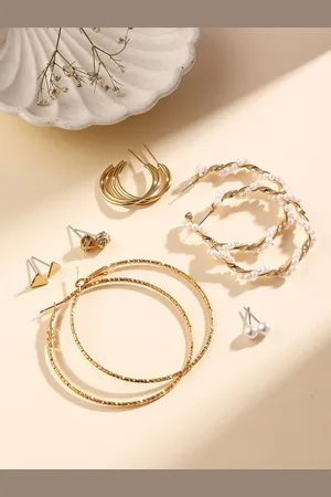 Priyaasi Set Of 6 Gold-Plated Contemporary Pearls Studs & Hoop Earrings