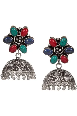 Bamboo Tree Jewels Multicoloured & Silver-Toned Classic Jhumkas Earrings