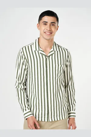 PEOPLE Men Cuban Collar Vertical Striped Cotton Boxy Casual Shirt