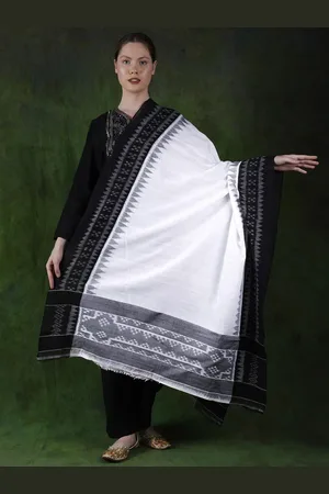 Exotic India White-Black Pure Cotton Handloom Ikat Pochampally Dupatta with Temple Border