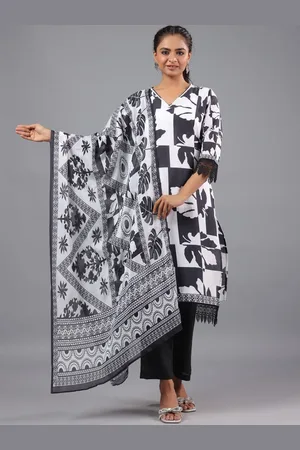 Amchoor Floral Printed V-Neck Pure Cotton Straight Kurta With Trousers & Dupatta