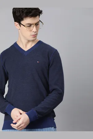 Tommy Hilfiger Men Navy Blue Self Design Pullover Sweater