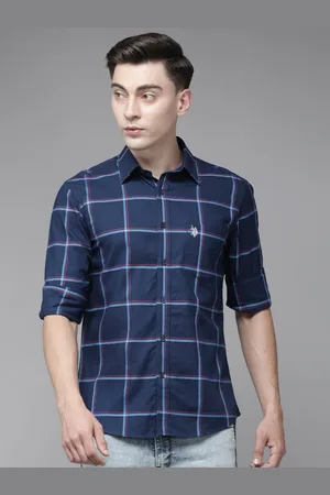 U.S. Polo Assn. Men Navy Blue Tailored Fit Checked Pure Cotton Casual Shirt
