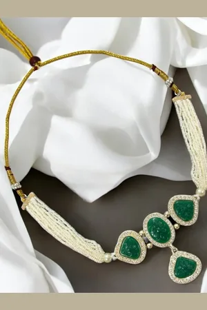AccessHer Sterling Silver-Plated AD Studded & Beaded Necklace and Earrings With Maang Tika