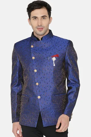 Wintage Men Blue Self Design Tailored Fit Single-Breasted Ethnic Bandhgala Blazer