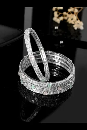 Voylla Set Of 4 Rhodium Plated Cubic Zirconia Studded Bangles