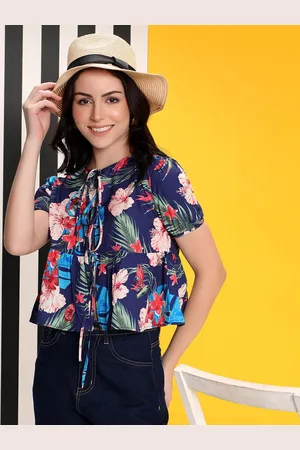 KOTTY Women Floral Printed Tie-Up Neck Puff Sleeves Peplum Top