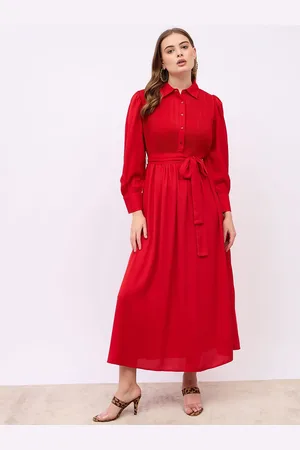 Styli Women Shirt Collar Puff Sleeves A-Line Maxi Dress