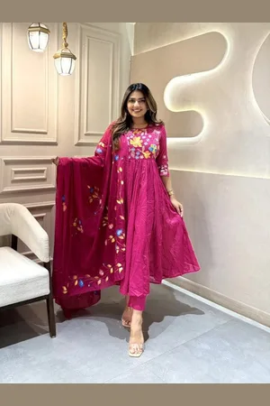 Kalini Floral Printed Round Neck Pure Cotton Anarkali Kurta With Trousers And Dupatta