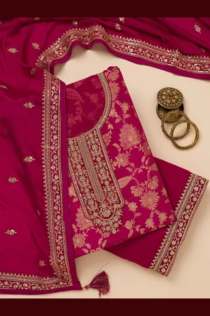 Koskii Floral Embroidered Zari Unstitched Dress Material