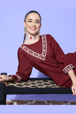 Sangria Crimson Maroon Embroidered Tie-Up Back Kurta