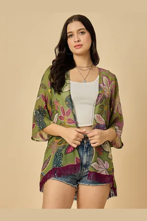 Azira Floral Printed Tasselled Georgette Open Front Shrug