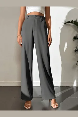 Broadstar Women Grey Smart Loose Fit High-Rise Cotton Trousers