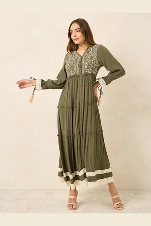 Styli Olive Green Embroidered Lace Ruffle Detail Textured Tiered Maxi Dress