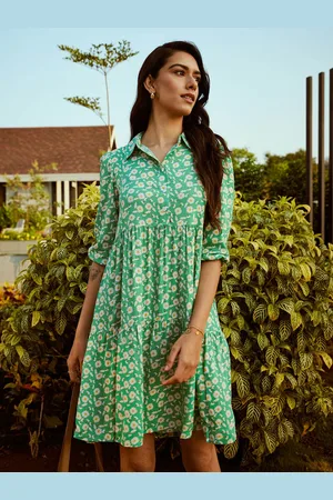 Bombay High Women Floral Print Shirt Collar Tiered Short Dress
