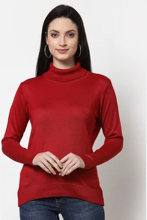 Club York Women Red Solid Long Sleeves Pullover Sweater