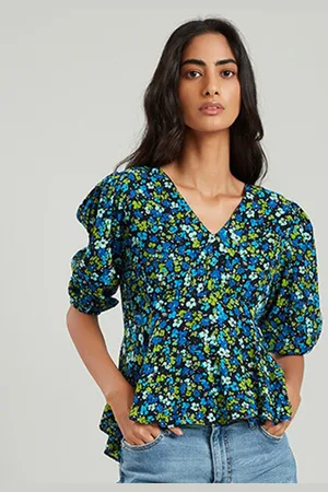 COVER STORY Green & Blue Floral Printed Peplum Top