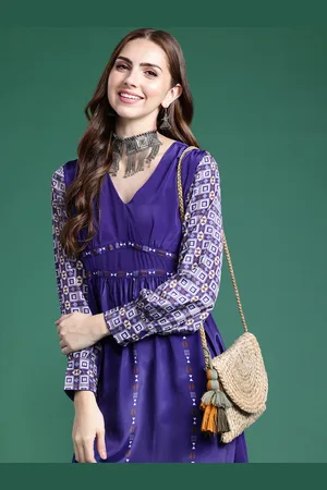Sangria Printed Detail A-Line Ethnic Dress