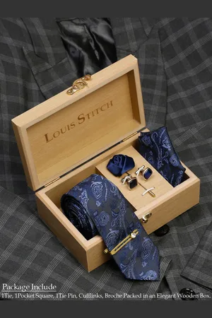LOUIS STITCH Men Royal Blue Italian Silk Necktie Accessory Gift Set