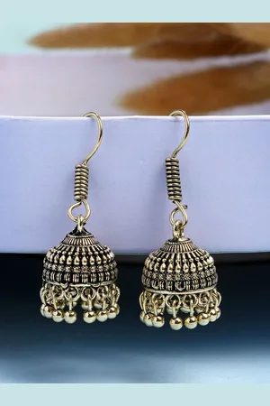NVR Women Gold Plated Traditional Oxidized Jhumka Earrings