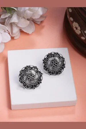 NVR Women Silver Plated Oxidised Floral Design Stud Earrings