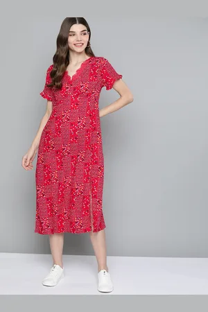 Mast & Harbour Red & White Floral A-Line Midi Dress