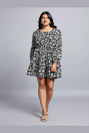 Globus Gloplus Floral Printed Bishop Sleeves Fit & Flare Tiered Mini Plus Size Dress