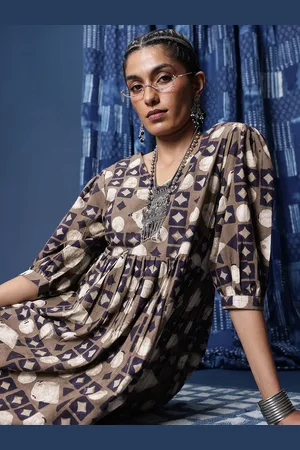 Taavi Printed V-Neck Puff Sleeves Pure Cotton Indigo Ethnic Dress
