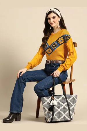 Sangria Women Mustard Yellow & Blue Printed Pullover