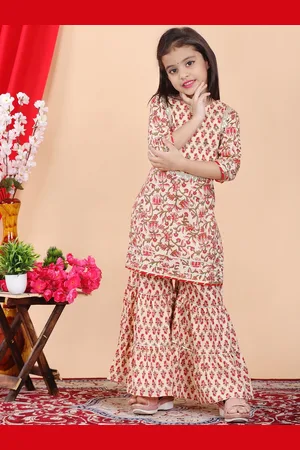 BAESD Girls Floral Printed Gotta Patti Pure Cotton Straight Kurta with Sharara