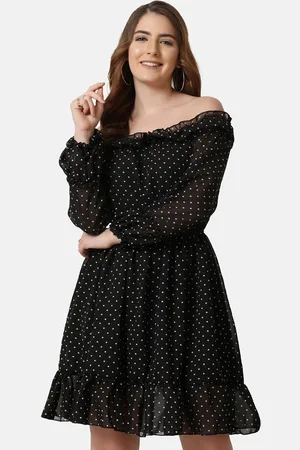 BuyNewTrend Polka Dot Printed Off-Shoulder Bishop Sleeve Georgette Fit and Flare Dress