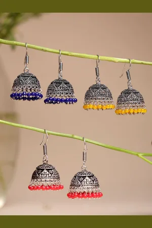 NVR Women Pair of 3 Oxidised Silver Plated Multicolor Artificial Beads Jhumka Earrings