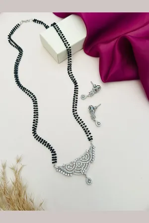 ABDESIGNS Silver-Plated American Diamond Studded & Beaded Mangalsutra With Earrings