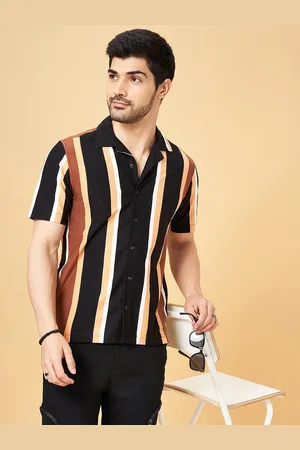 PEOPLE Men Striped Slim Fit Cuban Collar Short Slevees Casual Shirt